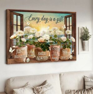 White Chrysanthemums Sunrise Ocean Every Days Is A Gift Canvas Wall Art