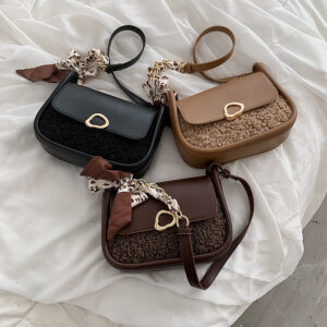 Stitching Lamb Velvet PU Small Round Bag