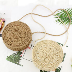 Round Iron Frame Hook Flower And Grass Weaving Bag Single Shoulder Cross Sling Paper Rope Weaving Bag Leisure Beach Women'S Bag