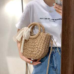 Alternative view of Mesh Bowknot Tassel Moon Yuan Bucket Straw Bag