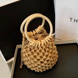 Alternative view of Woman Girl Fashion Woven Handbag Beach Style Wood Handle Drawstring Bucket Bag