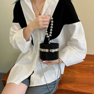 Fashion Rhinestone Personality Ins Chain Pearl Oblique Body Cylinder Bag Female