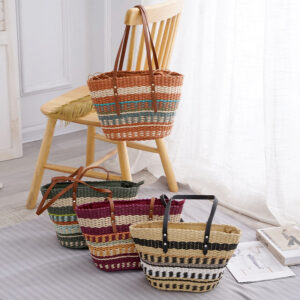 Colorful Striped Grass Braided Soft Leather Put Handbag Women's Large Capacity Braided