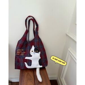 Alternative view of Scottish Plaid Flocking Cat Printing Handbag Vintage