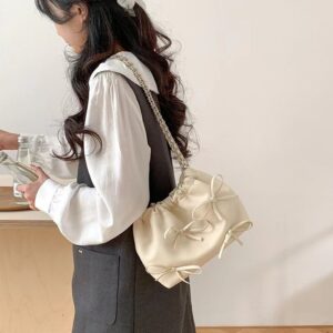 Knotted Chain Cross-body Tote Bag Casual Cute Soft Leather Single Shoulder Bucket Bag