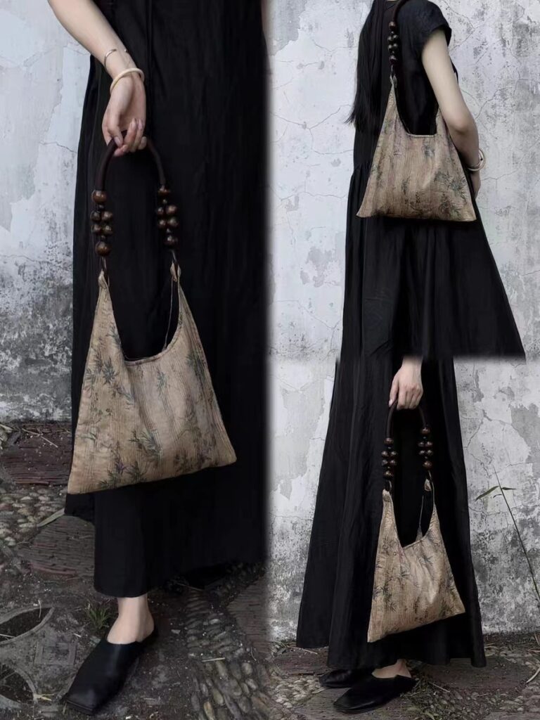 Alternative view of New Guo Feng New Chinese Style Water Pattern Bamboo Leaf Printing Zen Cheongsam Ancient Style High-end Satchel