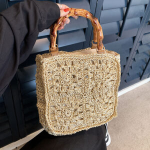 Summer Square Hollow Out Straw Bag Handmade Woven Bamboo Handle Large Capacity
