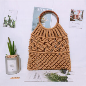 Alternative view of New Wooden Handle Portable Net Bag Straw Woven Bag Cotton Rope Hand-woven Bag