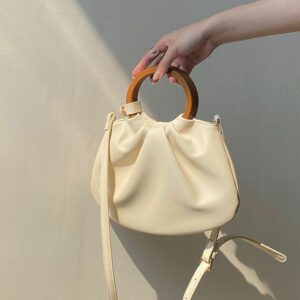 Alternative view of Wooden Handle Hand Holding Women's Shoulder Crossbody Wrinkled Bag