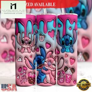 3D Inflated Stitch Pink Valentine 20oz Skinny Tumbler Valentine's Day Gift