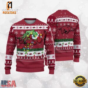 Arkansas Razorbacks Merry Christmas Grinch Hand NCAA Ugly Christmas Sweater