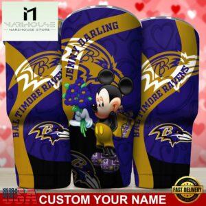 Custom Name Baltimore Ravens NFL Mickey Valentine Day Tumbler