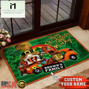 Custom Name Cincinnati Bengals NFL St. Patrick's Day Gnome Shamrock Doormat