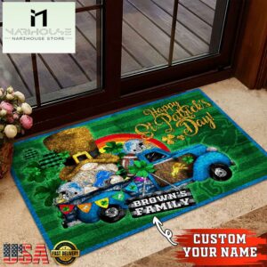 Custom Name Detroit Lions NFL St. Patrick's Day Gnome Shamrock Doormat