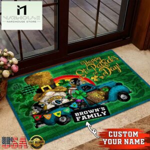 Custom Name Jacksonville Jaguars NFL St. Patrick's Day Gnome Shamrock Doormat
