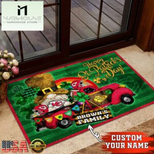 Custom Name Kansas City Chiefs NFL St. Patrick's Day Gnome Shamrock Doormat