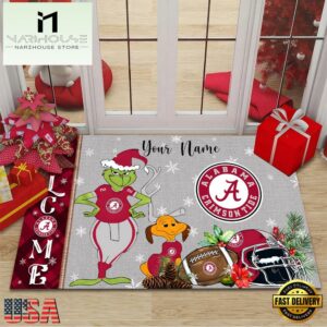 Custom Name NCAA Alabama Crimson Tide Grinch Christmas Welcome Football Doormat