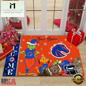 Custom Name NCAA Boise State Broncos Grinch Christmas Welcome Football Doormat