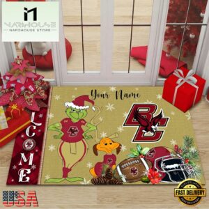 Custom Name NCAA Boston College Eagles Grinch Christmas Welcome Football Doormat