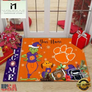 Custom Name NCAA Clemson Tigers Grinch Christmas Welcome Football Doormat