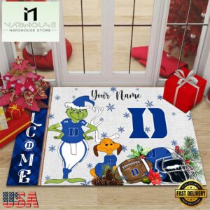 Custom Name NCAA Duke Blue Devils Grinch Christmas Welcome Football Doormat