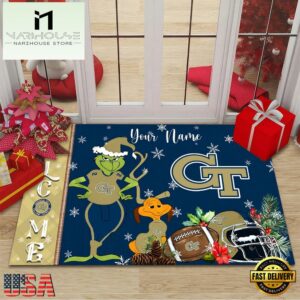 Custom Name NCAA Georgia Tech Yellow Jackets Grinch Christmas Welcome Football Doormat