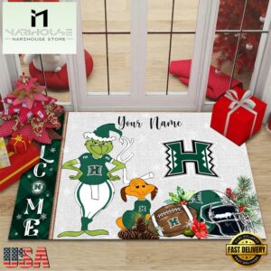 Custom Name NCAA Hawaii Rainbow Warriors Grinch Christmas Welcome Football Doormat
