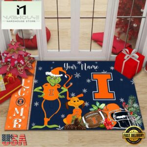 Custom Name NCAA Illinois Fighting Illini Grinch Christmas Welcome Football Doormat