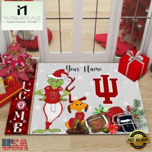 Custom Name NCAA Indiana Hoosiers Grinch Christmas Welcome Football Doormat