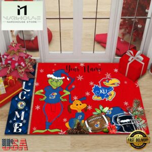 Custom Name NCAA Kansas Jayhawks Grinch Christmas Welcome Football Doormat