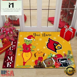 Custom Name NCAA Louisville Cardinals Grinch Christmas Welcome Football Doormat
