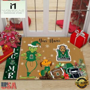 Custom Name NCAA Marshall Thundering Herd Grinch Christmas Welcome Football Doormat