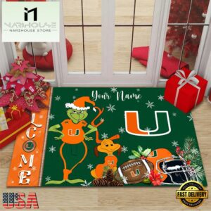 Custom Name NCAA Miami Hurricanes Grinch Christmas Welcome Football Doormat