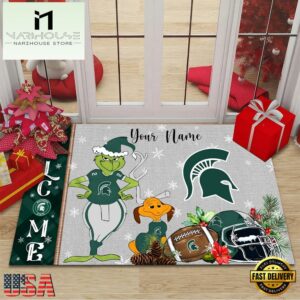 Custom Name NCAA Michigan State Spartans Grinch Christmas Welcome Football Doormat