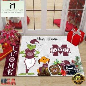 Custom Name NCAA Mississippi State Bulldogs Grinch Christmas Welcome Football Doormat