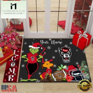 Custom Name NCAA NC State Wolfpack Grinch Christmas Welcome Football Doormat