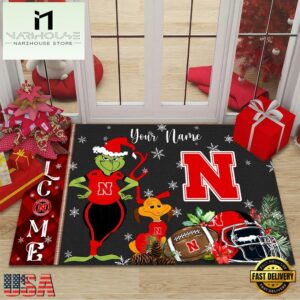 Custom Name NCAA Nebraska Cornhuskers Grinch Christmas Welcome Football Doormat