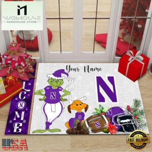 Custom Name NCAA Northwestern Wildcats Grinch Christmas Welcome Football Doormat