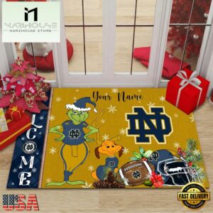 Custom Name NCAA Notre Dame Fighting Irish Grinch Christmas Welcome Football Doormat