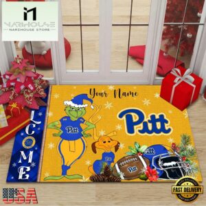 Custom Name NCAA Pittsburgh Panthers Grinch Christmas Welcome Football Doormat