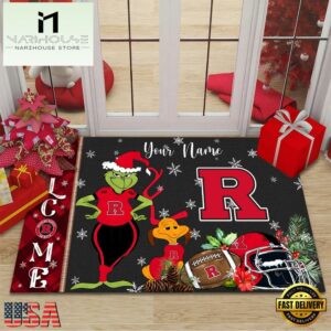Custom Name NCAA Rutgers Scarlet Knights Grinch Christmas Welcome Football Doormat