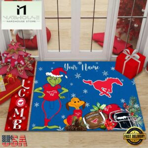 Custom Name NCAA SMU Mustangs Grinch Christmas Welcome Football Doormat