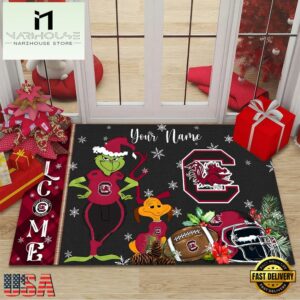 Custom Name NCAA South Carolina Gamecocks Grinch Christmas Welcome Football Doormat