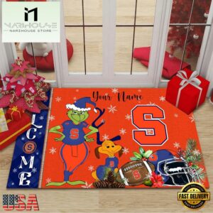 Custom Name NCAA Syracuse Orange Grinch Christmas Welcome Football Doormat