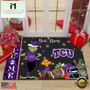 Custom Name NCAA TCU Horned Frogs Grinch Christmas Welcome Football Doormat