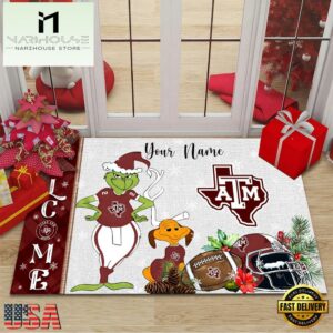 Custom Name NCAA Texas A & M Aggies Grinch Christmas Welcome Football Doormat