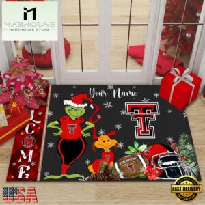 Custom Name NCAA Texas Tech Red Raiders Grinch Christmas Welcome Football Doormat