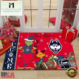 Custom Name NCAA Uconn Huskies Grinch Christmas Welcome Football Doormat