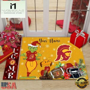 Custom Name NCAA USC Trojans Grinch Christmas Welcome Football Doormat