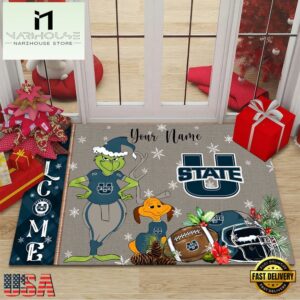 Custom Name NCAA Utah State Aggies Grinch Christmas Welcome Football Doormat